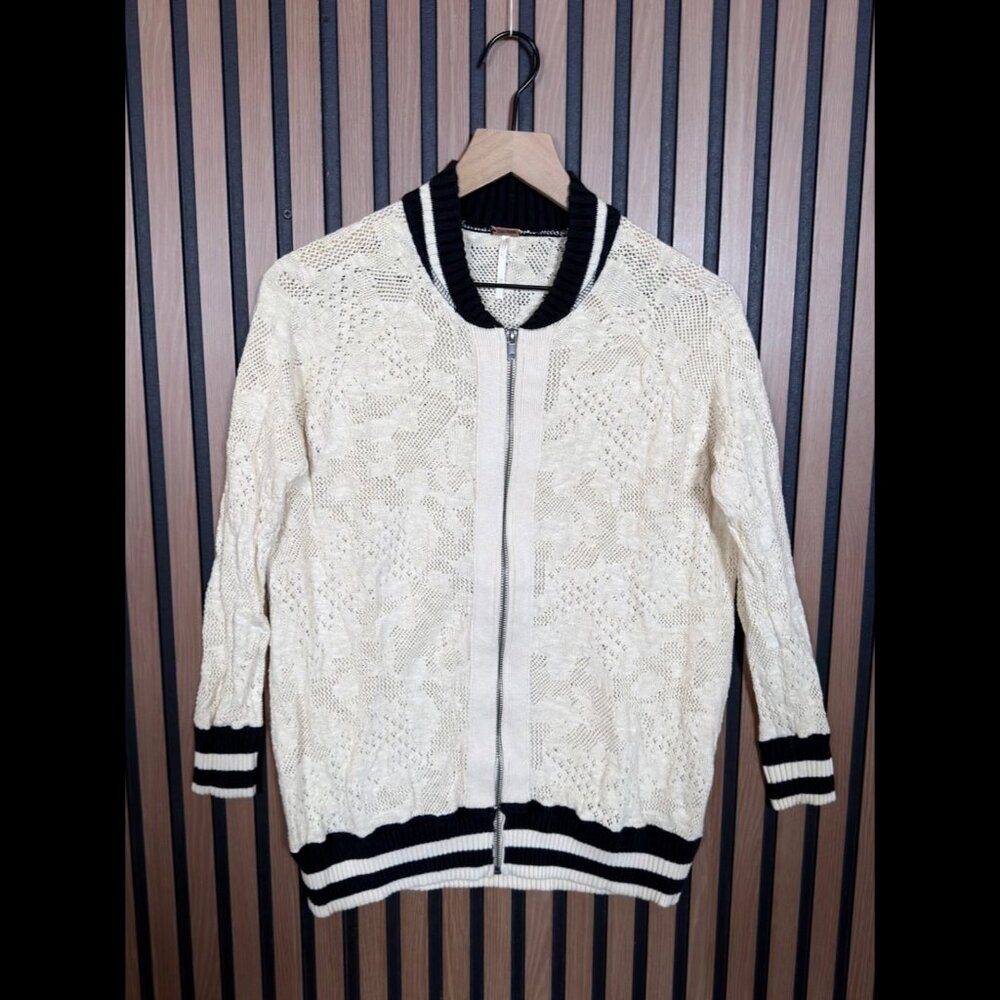 Free People Sweater Jacket XS Women's Ivory Combo Full Zip Crochet Linen Blend